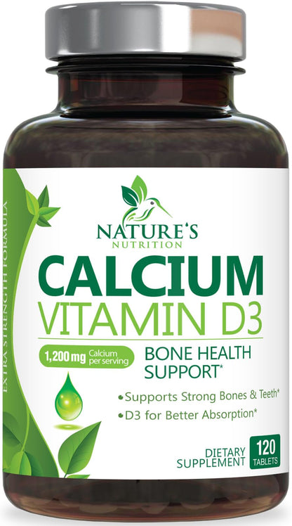 Calcium 1200 Mg plus Vitamin D3, Bone Health & Immune Support - Nature'S Calcium Supplement with Extra Strength Vitamin D for Extra Strength Carbonate Absorption Dietary Supplement - 120 Tablets