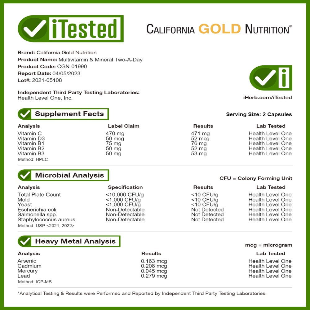 California Gold Nutrition Multivitamin and Mineral, Two-A-Day, 60 Veggie Capsules