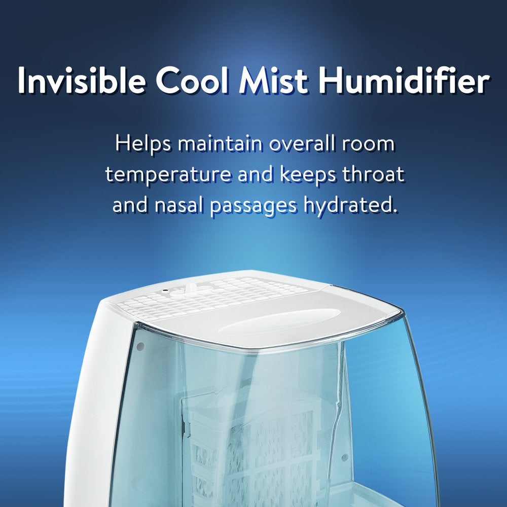 Equate 1.1 Gallon 250 Sq Ft Invisible Cool Mist Humidifier, White & Blue