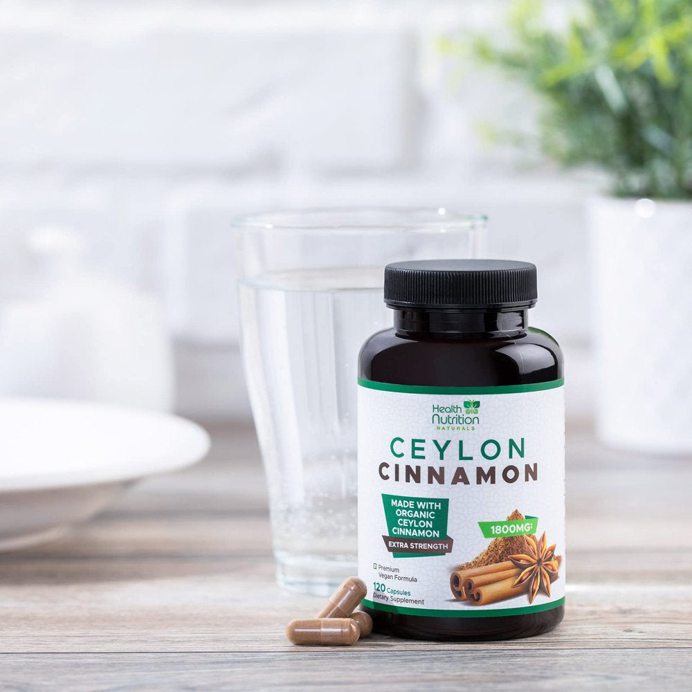 Ceylon Cinnamon Capsules, Certified Organic Ceylon Cinnamon Pills 1800 Mg per Serving, Non-Gmo, Gluten-Free Sri Lanka Pure Cinnamon Pills Supplement, Sugar Free, Vegan - 120 Count Vegetarian Capsules