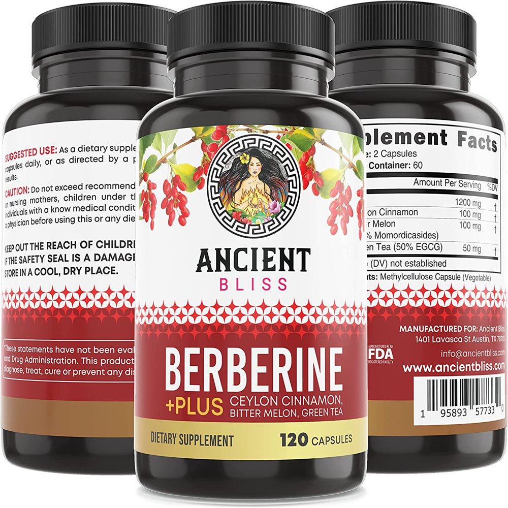 Ancient Bliss Berberine HCL 1200Mg with Ceylon Cinnamon, Bitter Melon, Green Tea Extract - 120 Capsules - Supports Immune System