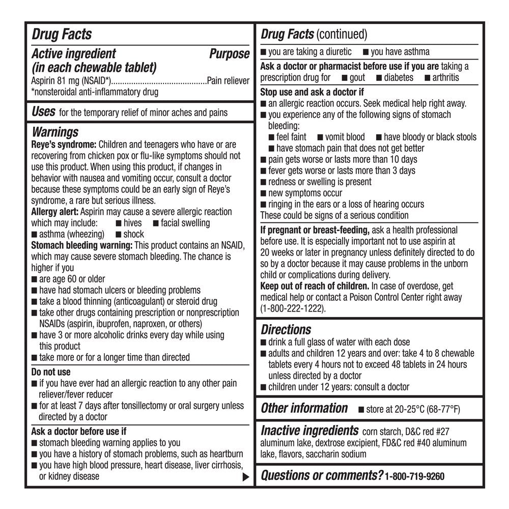 Equate Low Dose Chewable Aspirin 81 Mg Tablets, Cherry Flavor, 36 Count, 3 Pack