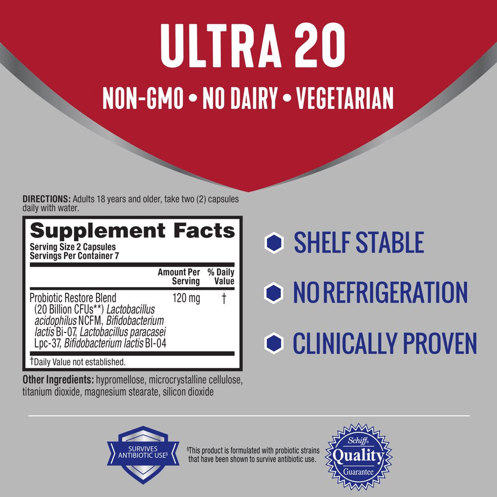 Digestive Advantage 20 Billion CFU Multi-Strain Probiotic Ultra 20 Capsules (14 Count), Reduces Occasional Diarrhea* and Helps Relieve Minor Abdominal Discomfort & Occasional Bloating*