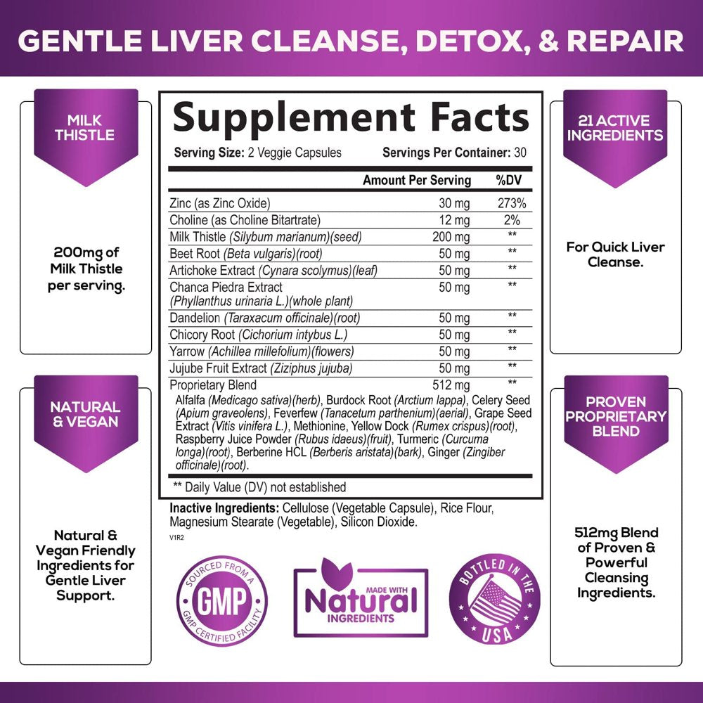 Gentle Liver Cleanse Detox & Repair Formula - Herbal Liver Support Supplement: Milk Thistle with Silymarin, Artichoke Extract, Dandelion, Beet, Chicory Root, & Turmeric for Liver Health - 60 Capsules
