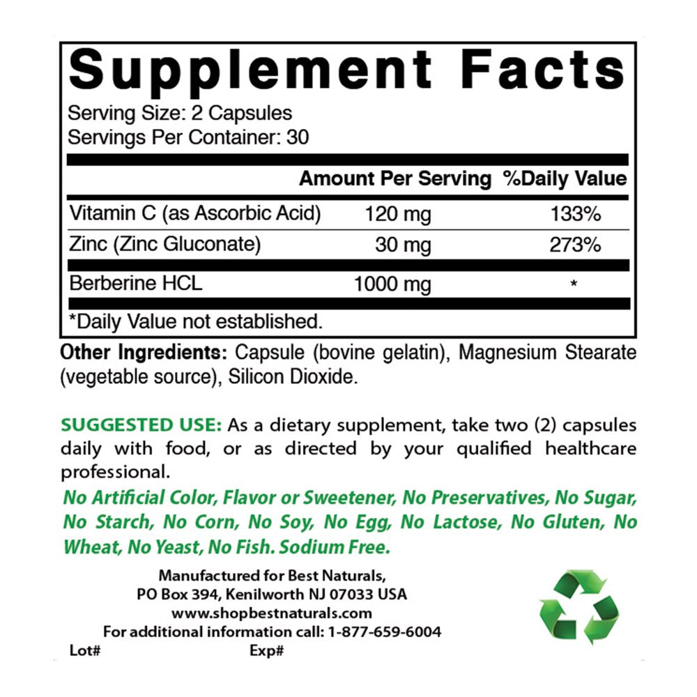 Best Naturals Berberine plus 1000 Mg per Serving 60 Capsules | Berberine HCL Extract Helps Support Healthy Blood Sugar Levels, Digestion & Immunity (Total 60 Capsules)
