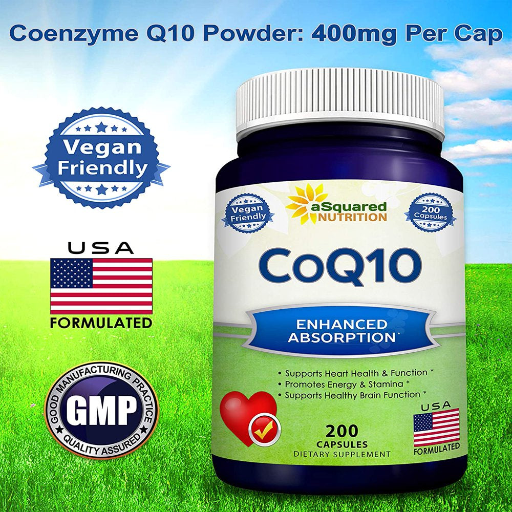 Coq10 (400Mg Max Strength, 200 Capsules) - High Absorption Vegan Coenzyme Q10 Powder - Ubiquinone Supplement Pills, Extra Antioxidant CO Q-10 Enzyme Vitamin Tablets, Coq 10 for Healthy Blood Pressure