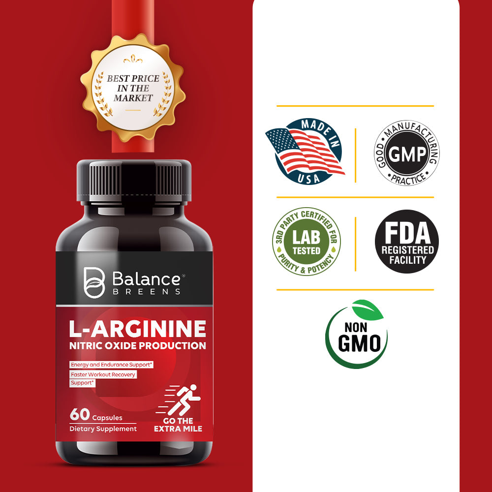 Balance Breens L-Arginine Nitric Oxide Booster 60 Capsules - Supplement for Muscle Building, Endurance, Vascularity, Energy
