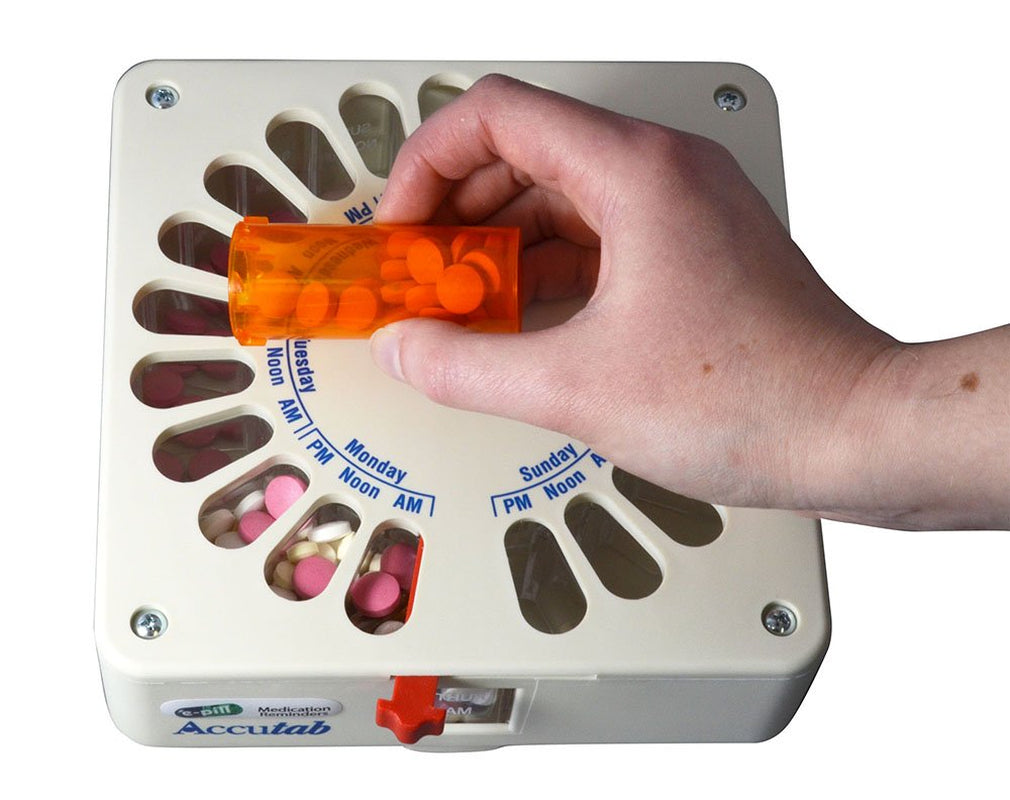 E-Pill Accutab - Manual Pill Dispenser - 7 Day X 3 Compartments per Day – Large Capacity. Bonus Filling Tray