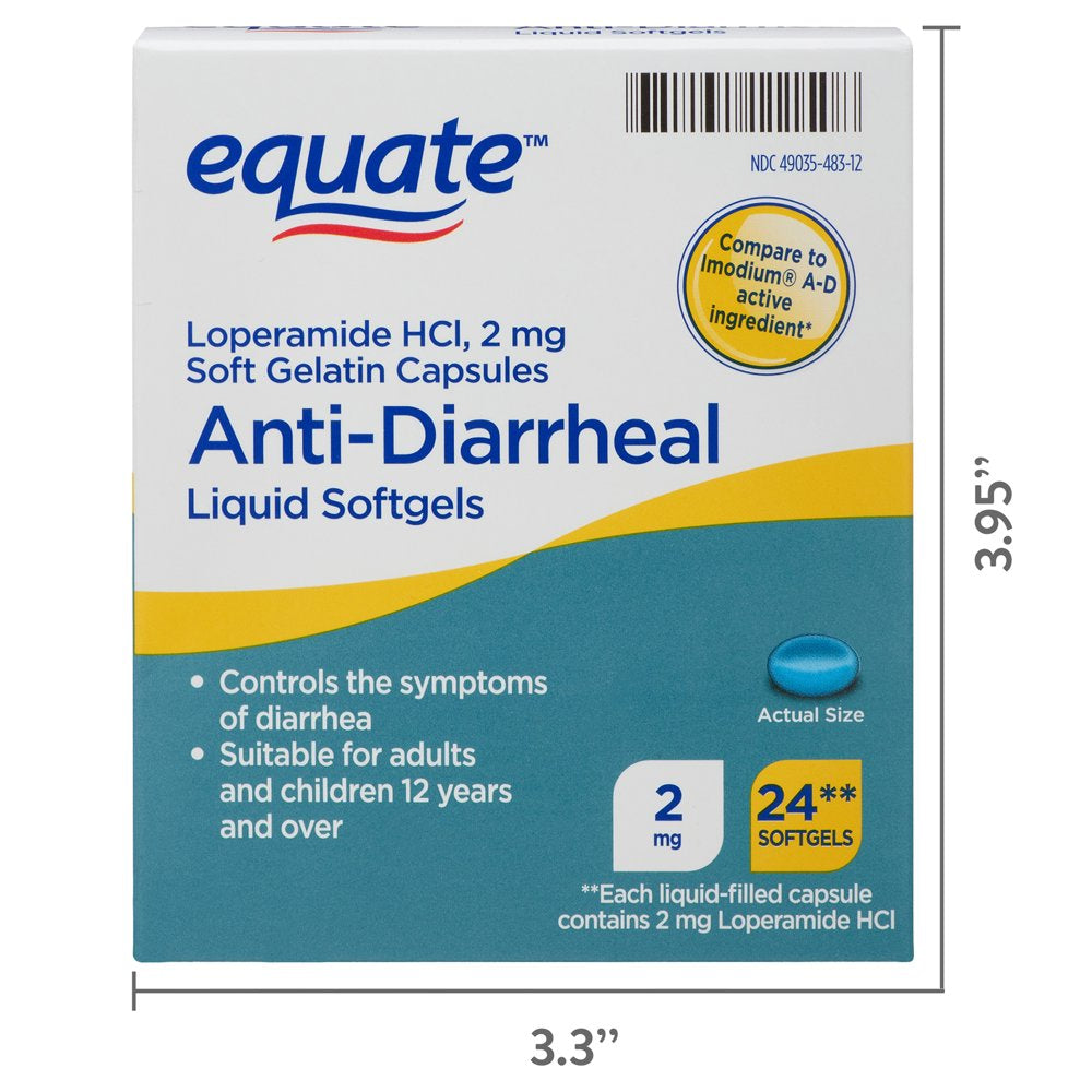 Equate Loperamide Hcl Anti-Diarrheal Liquid Softgels, 2 Mg, 24 Count