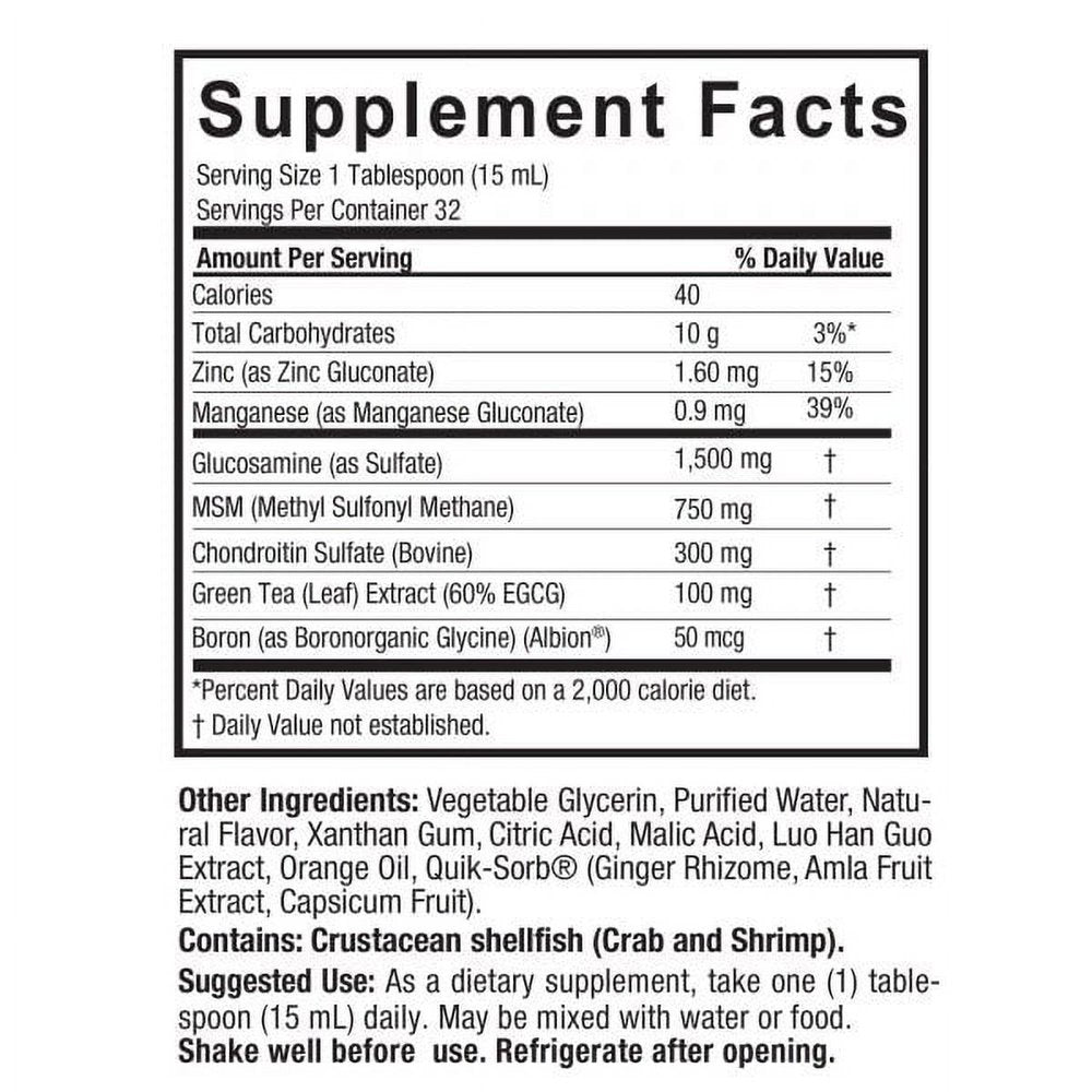 Nature'S Answer Liquid Glucosamine and Chondroitin Liquid with MSM, Natural Orange Flavor, Supports Joint Health, 16Oz