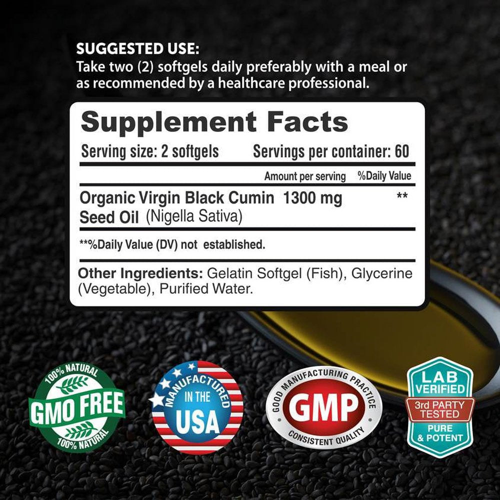 Black Seed Oil Pills Cold Pressed 1300Mg per Serving, 100% Pure & Premium Non-Gmo Nigella Sativa Black Cumin Seed Oil, Supports Immune System, Joint & Skin Health - 120 Liquid Softgel Capsules