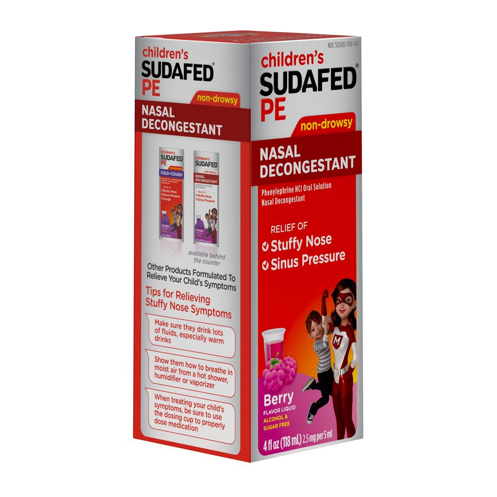 Children'S Sudafed PE Nasal Decongestant, Liquid Cold Relief Medicine with Phenylephrine Hcl, Alcohol Free and Sugar-Free, Berry-Flavored, 4 Fl. Oz