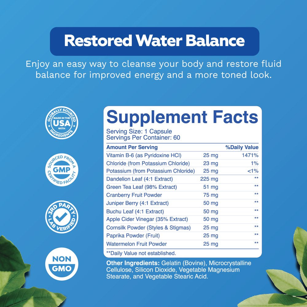 Diuretic Water Pills for Bloating - Water Pills Weight Loss Supplement for Women and Men – Detox and Cleanse Dietary Supplement for Water Retention with Vitamin B6 Potassium & Dandelion Root Extract