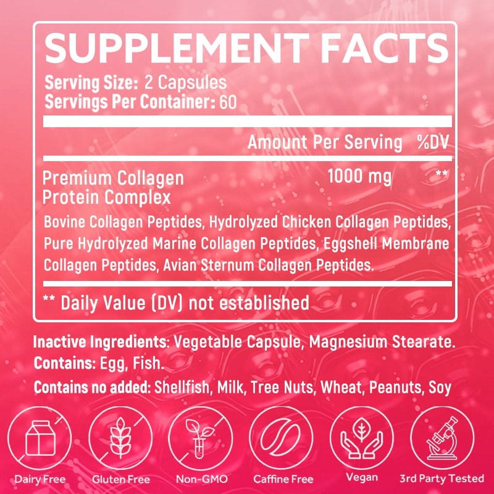 Bcuelov Collagen Complex Types I, II, III, V & X - Contains Pure Hydrolyzed Marine Collagen Peptides - for Skin, Nails, Hair, Gut, Joint Health