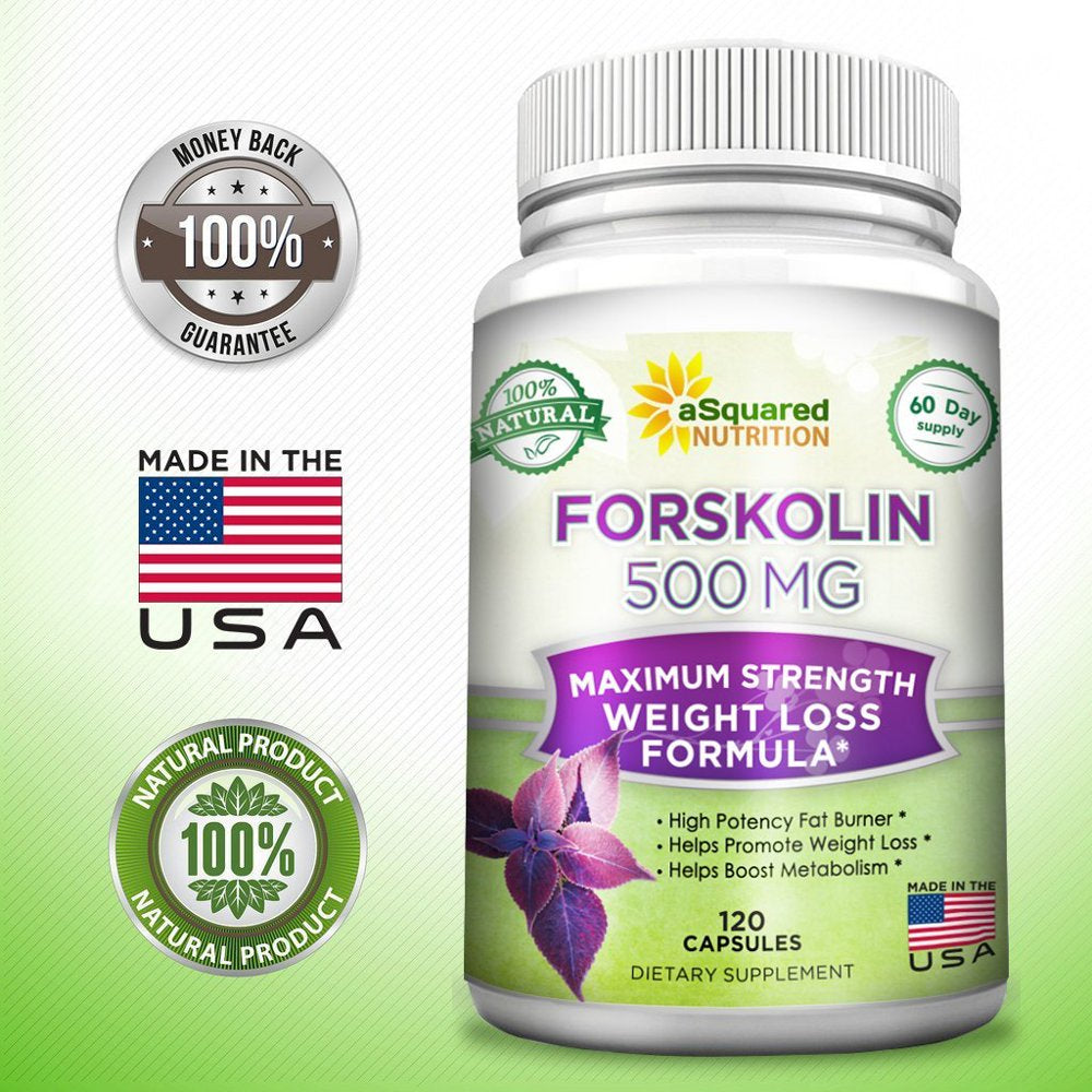Asquared Nutrition 100% Natural Forskolin 500Mg Max Strength - 120 Capsules - Forskolin Extract Supplement for Weight Loss, Coleus Forskohlii Root 20% Forskolin Diet Pills