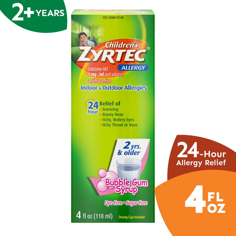 Children'S Zyrtec 24 Hour Allergy Relief Syrup, Bubble Gum, 4 Fl. Oz