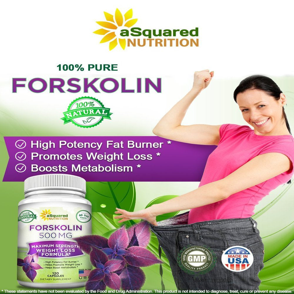 Asquared Nutrition 100% Natural Forskolin 500Mg Max Strength - 120 Capsules - Forskolin Extract Supplement for Weight Loss, Coleus Forskohlii Root 20% Forskolin Diet Pills