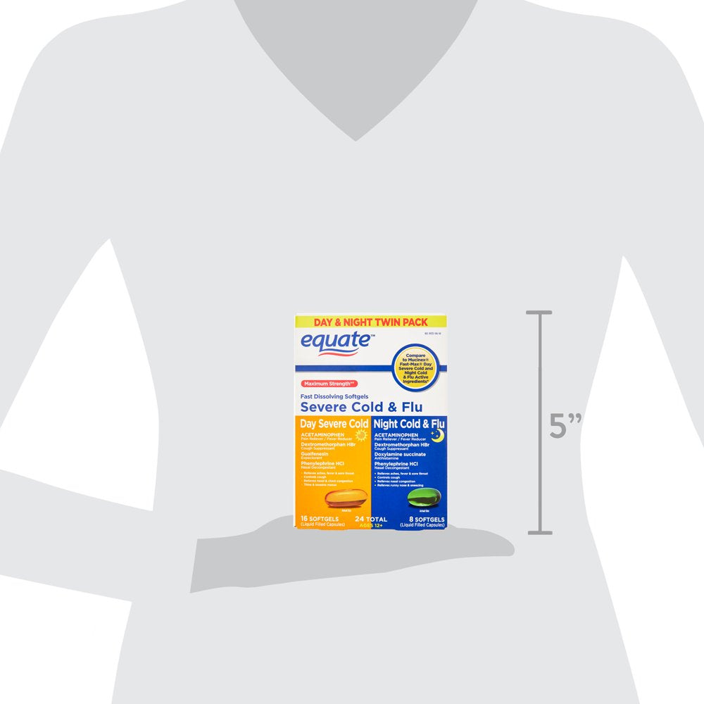Equate Maximum Strength Daytime Severe Cold & Nighttime Cold & Flu Softgels, 24 Count