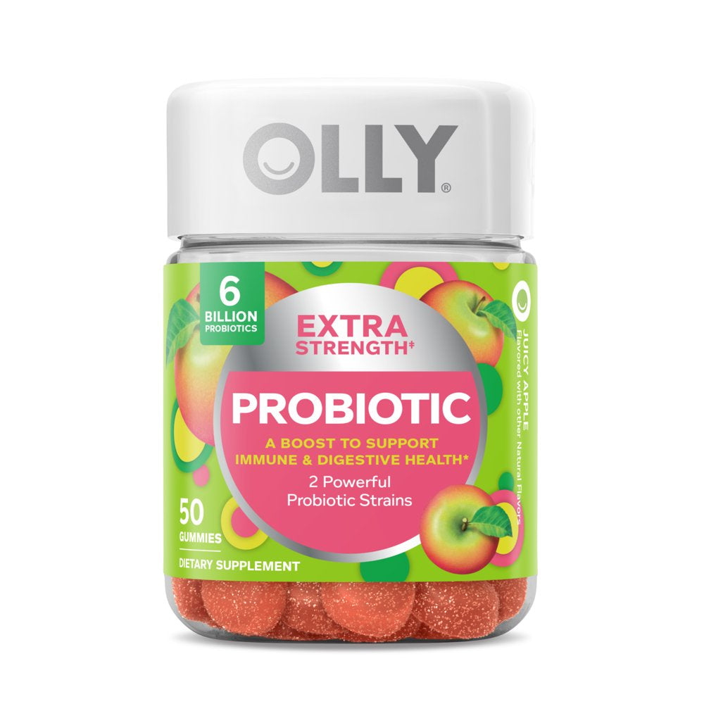 OLLY Extra Strength Probiotic Gummy, 6 Billion Cfus, 2 Strains, Supplement, Apple, 50 Ct