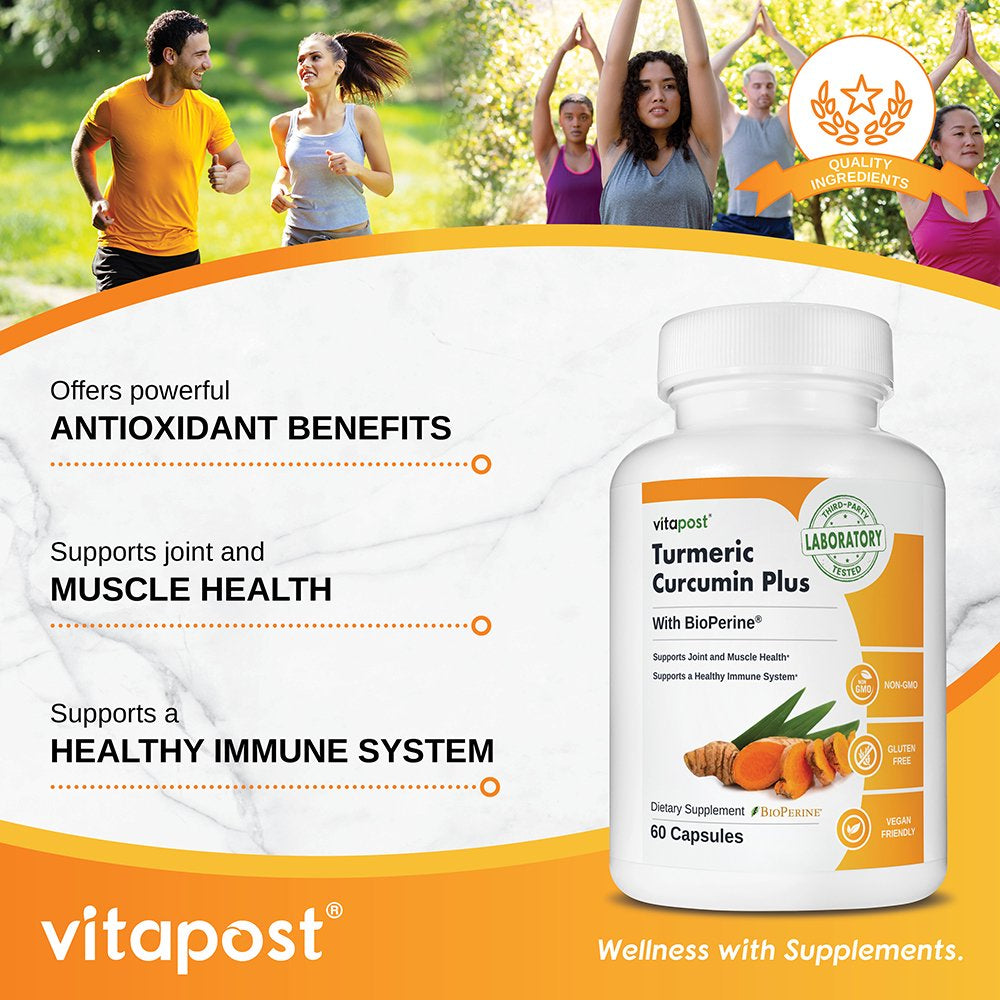 Vitapost Turmeric Curcumin plus Supplement for Joint, Muscle, Immune System Support - 60 Capsules