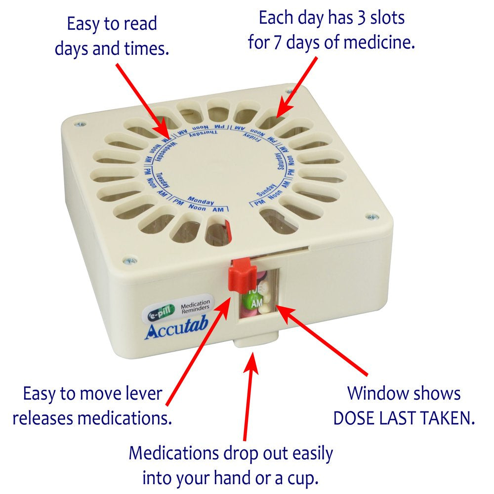 E-Pill Accutab - Manual Pill Dispenser - 7 Day X 3 Compartments per Day – Large Capacity. Bonus Filling Tray