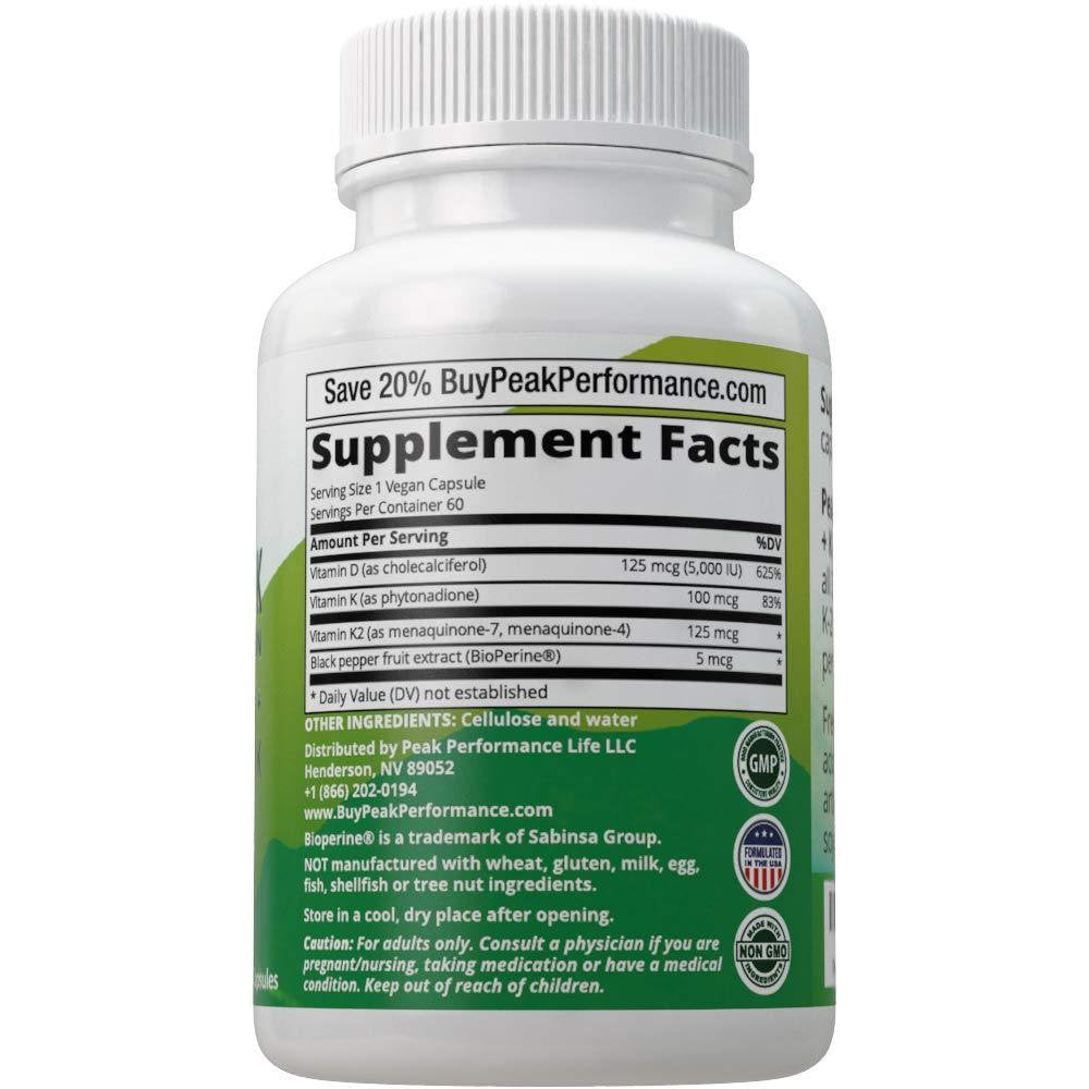 Advanced Vitamin D 5000 IU with All 3 Types of Vitamin K by Peak Performance. Vitamin D3 and Vitamin K2, K1, MK-7 (MK7), MK4 Supplement. 60 Small and Easy to Swallow Vegetable Pills (5000