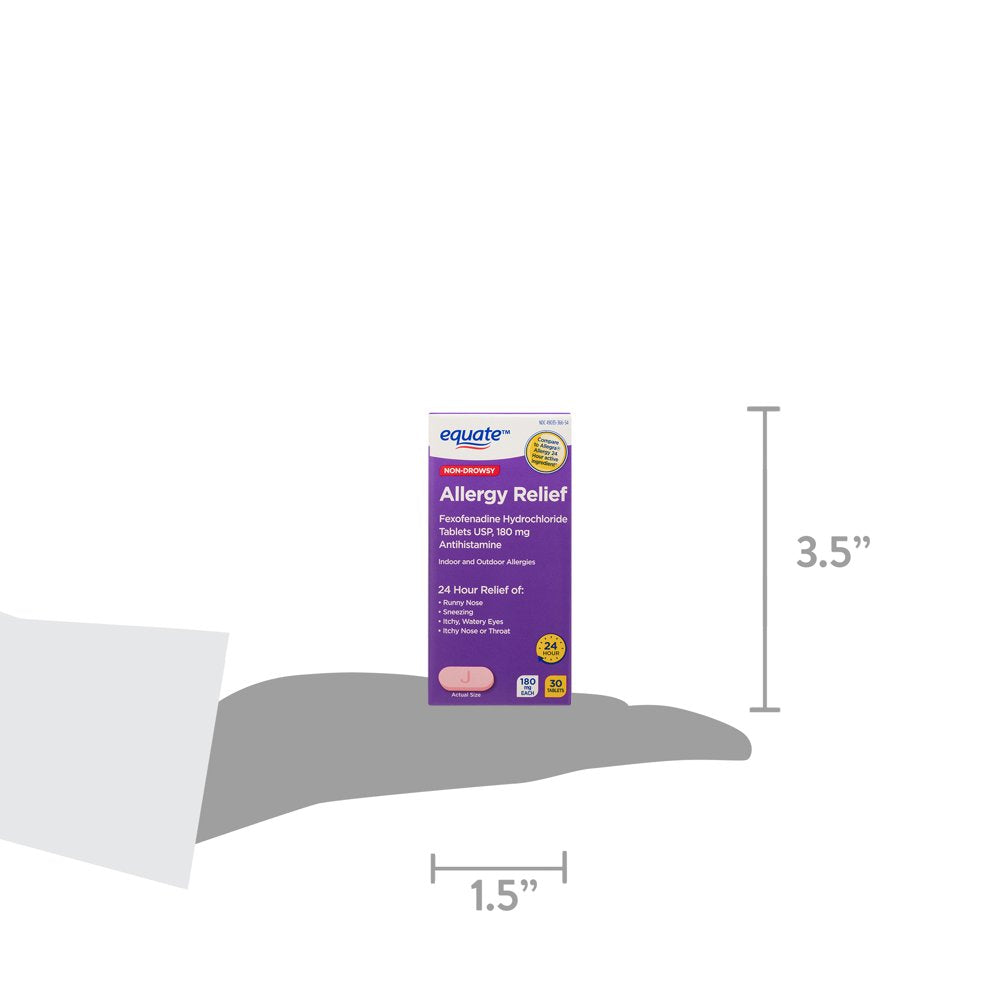 Equate Fexofenadine Hydrochloride USP Non-Drowsy Allergy Relief Tablets, 180 Mg, 30 Count