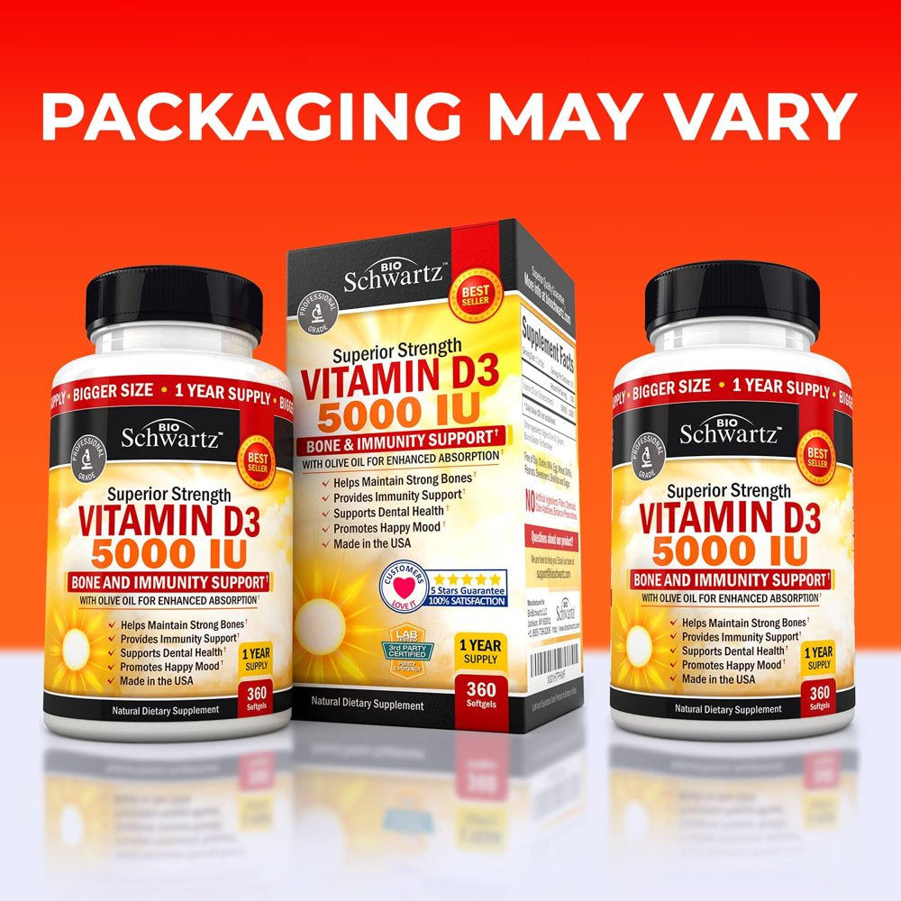 Vitamin D3 5000 IU (360Ct) Natural Immune Support Supplement | Bone Strength, Healthy Muscle Function, with Olive Oil for High Absorption | Gluten Free & Non-Gmo 1 Year Supply