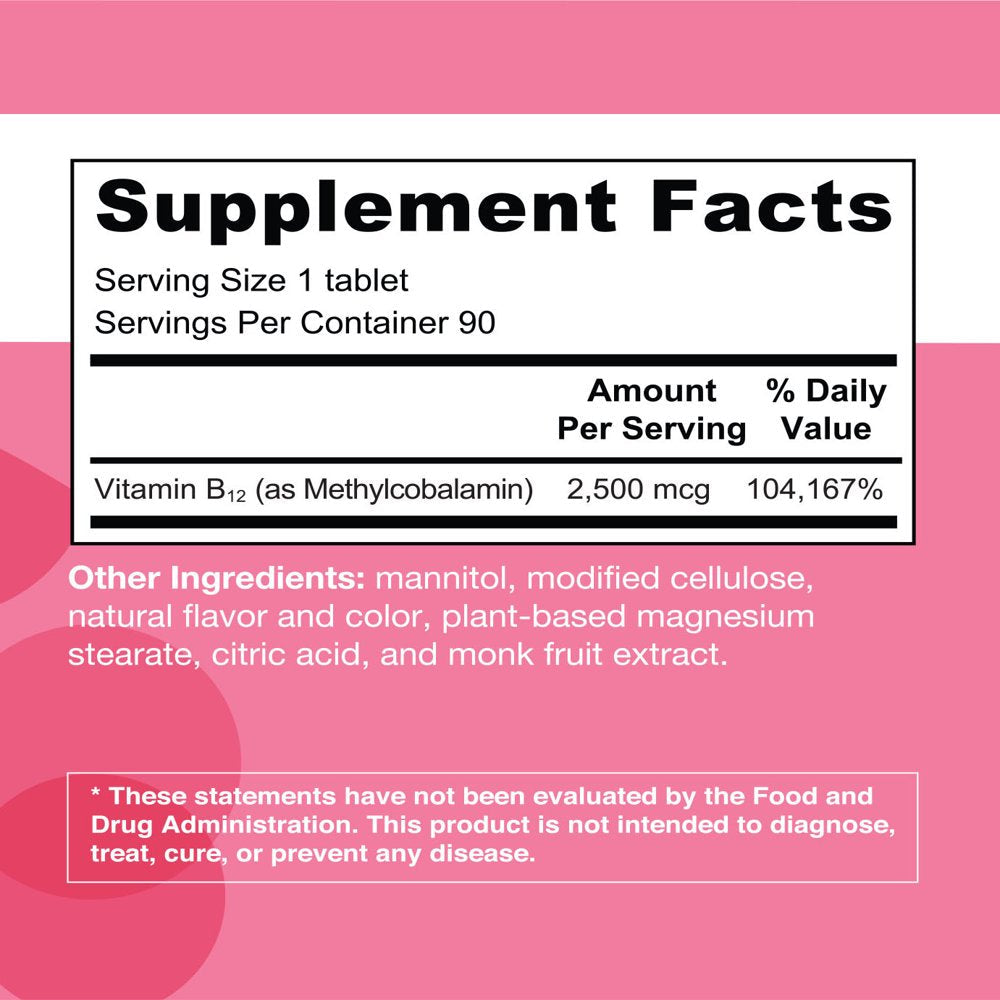 EZ Melts Sublingual Vitamin B12 with Methylcobalamin for Energy and Metabolism Support, 2500 Mcg 60 Tablets, Cherry Flavored, Vegan Dietary Supplements, Dissolvable and Fast Melting