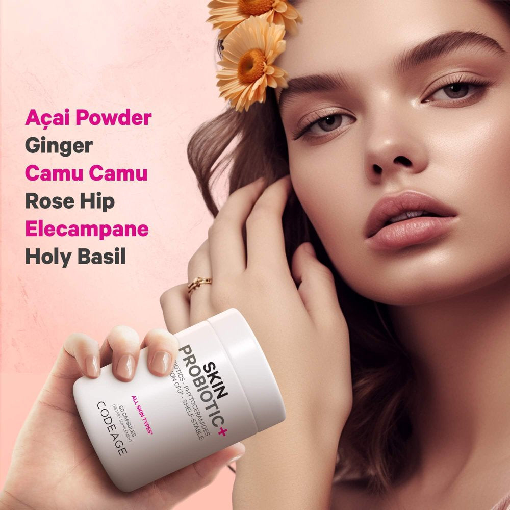 Codeage Skin Probiotics 50 Billion CFU & Prebiotics, Skin Ayurvedic Botanical Herbs, Shelf-Stable, 60 Ct