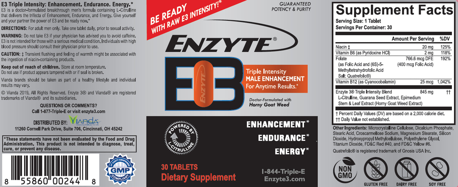 Enzyte3 Male Enhancement Supplement for Energy & Endurance - L-Citrulline, Epimedium, Guarana Seed, Horny Goat Weed, Niacin, Vitamins B6 & B12, Folate - 30 Day Supply
