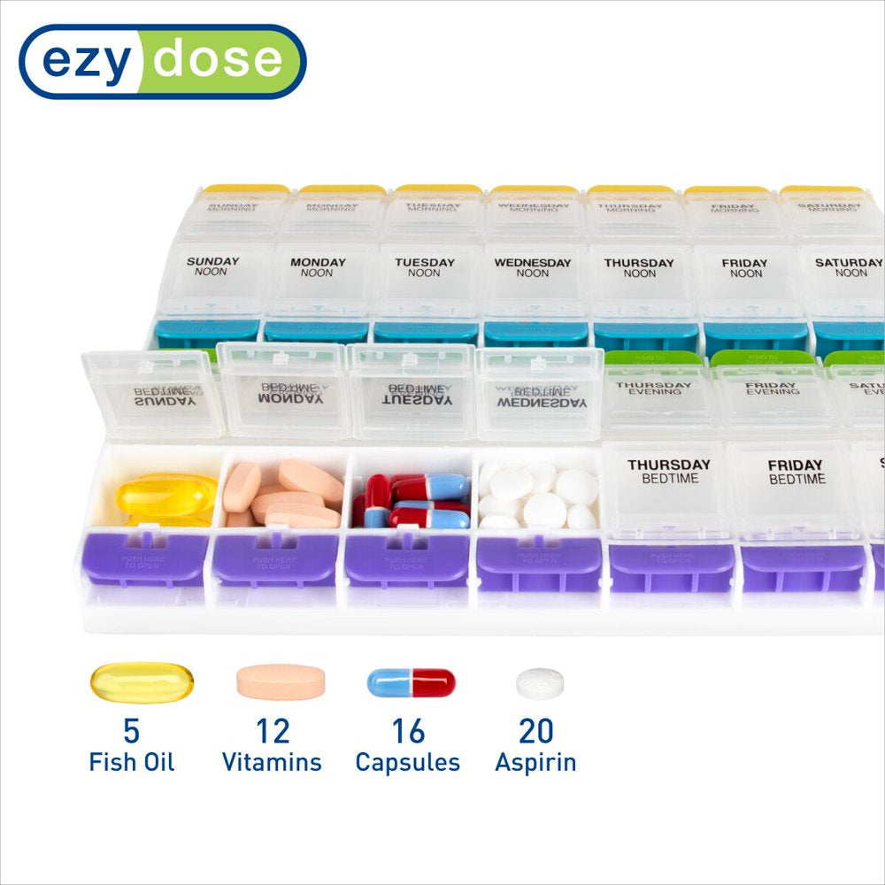 Ezy Dose Weekly (7-Day) Pill Organizer, 4 Times a Day Pill Planner, Push Button Compartments (2XL)