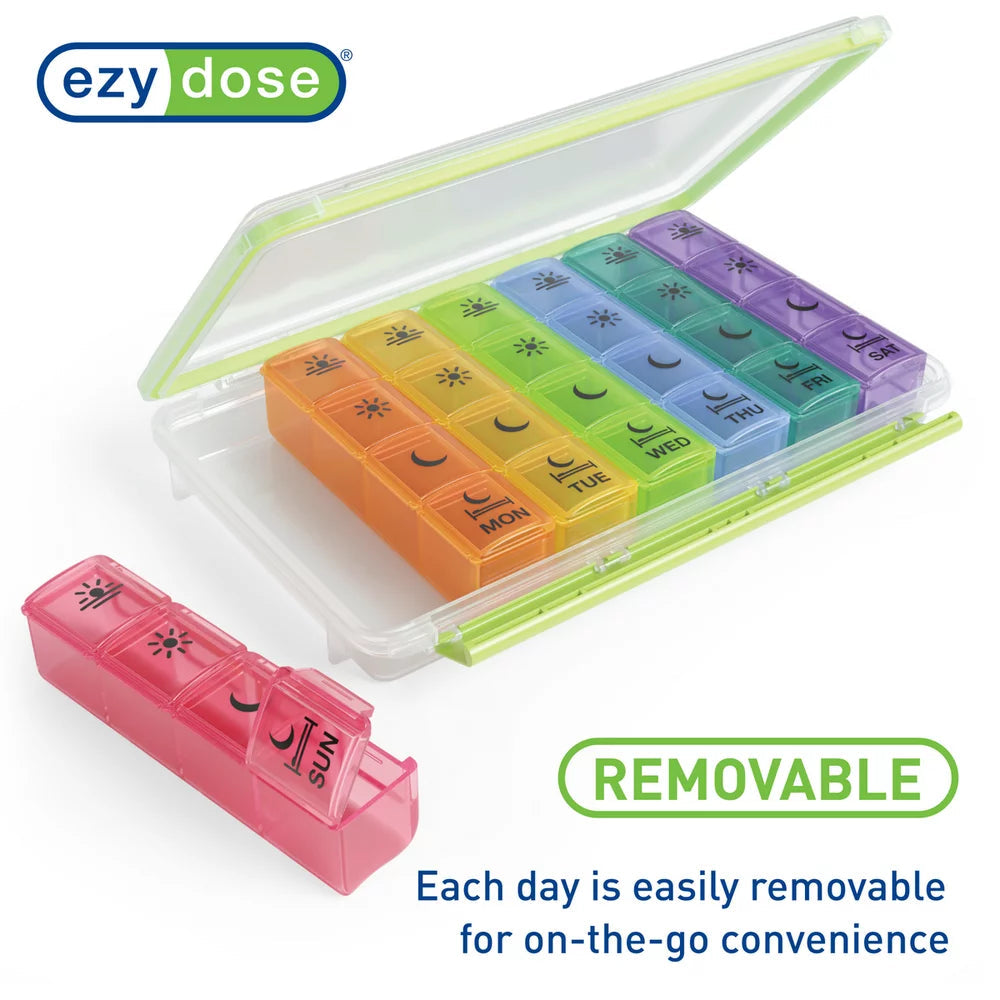 Ezy Dose Weekly (7-Day) Pill Organizer, 4 Times a Day, Travel Compartments, Rainbow