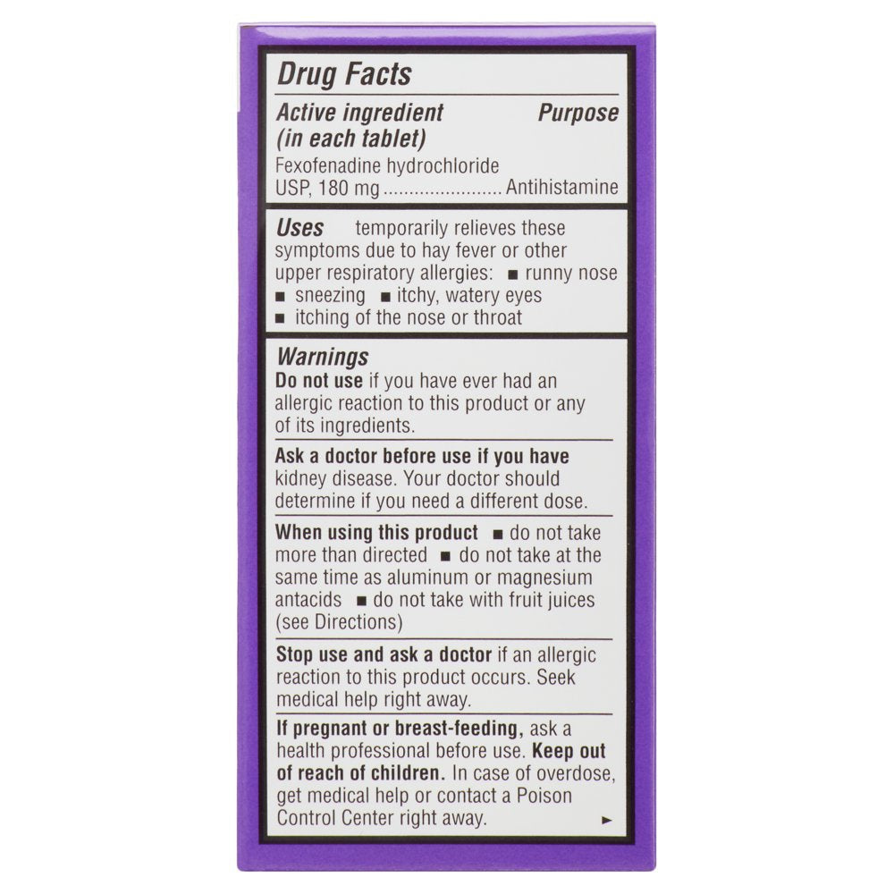 Equate Fexofenadine Hydrochloride USP Non-Drowsy Allergy Relief Tablets, 180 Mg, 30 Count