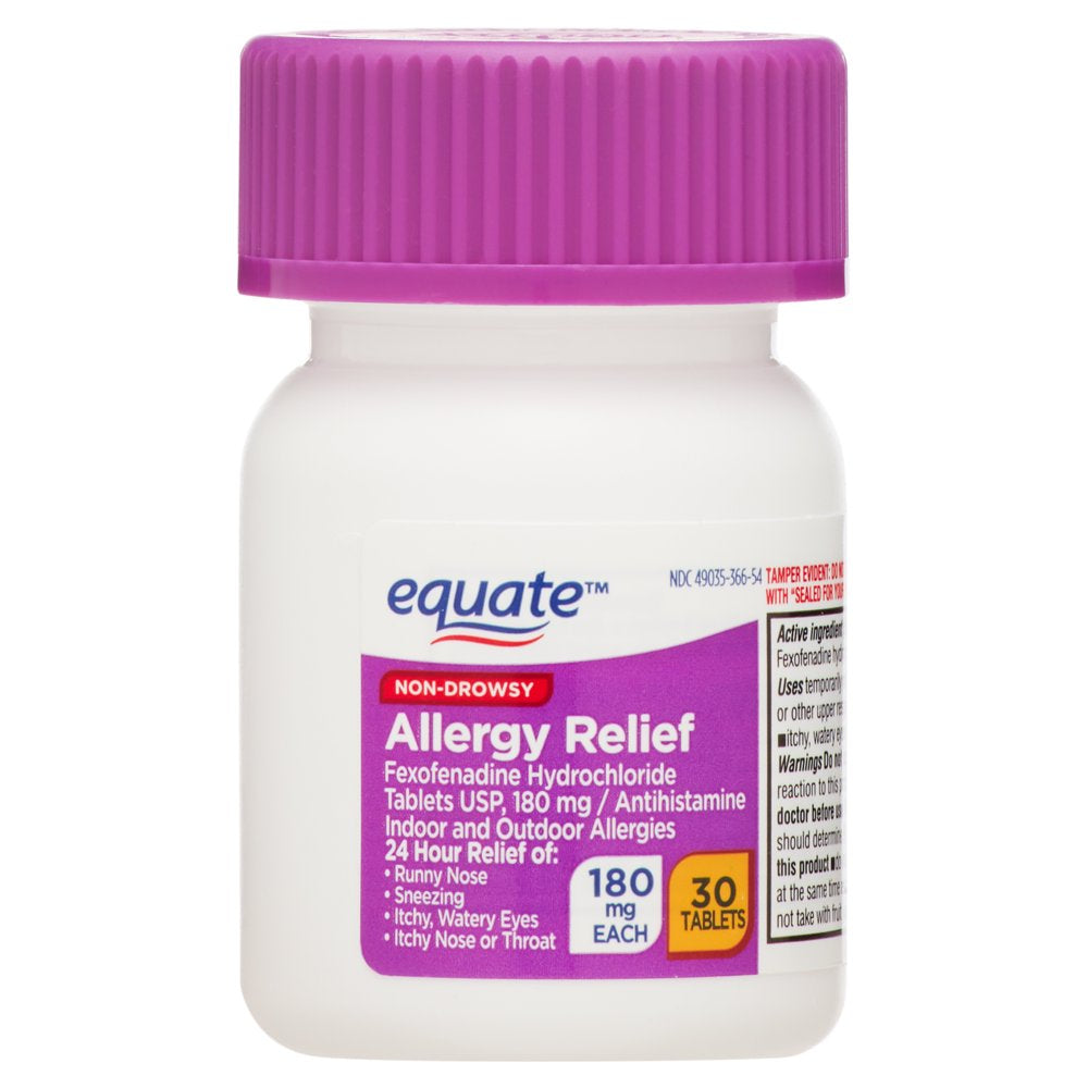 Equate Fexofenadine Hydrochloride USP Non-Drowsy Allergy Relief Tablets, 180 Mg, 30 Count