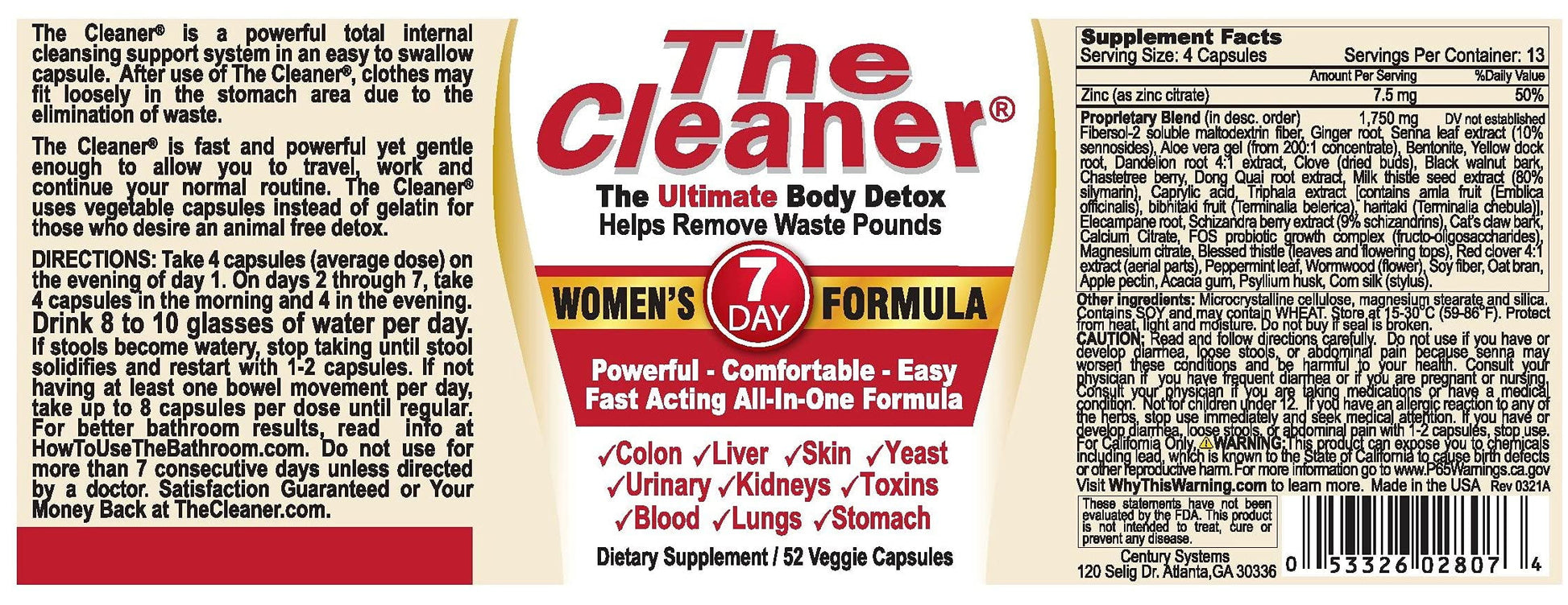 Century Systems the Cleaner 7-Day Women'S Formula -52 Capsules