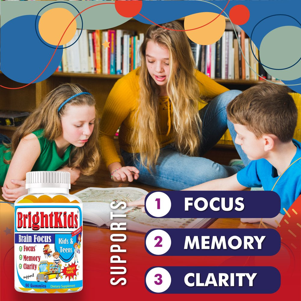 Brightkids Brain Focus Supplement for Kids, Focus for Kids, Brain Focus Gummies for Children, Memory Supplements Lemon & Orange Flavored 60 Gummies