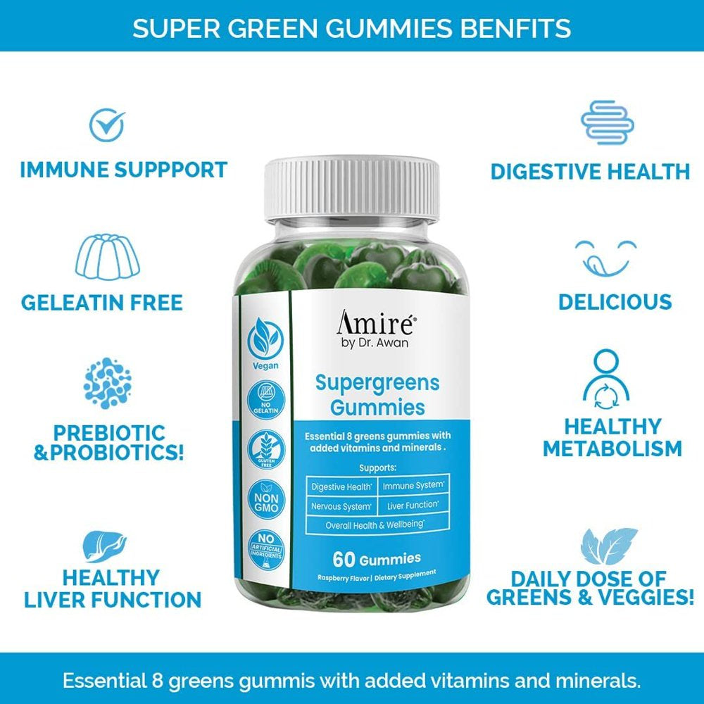Amire by Dr. Awan Super Greens Gummies, Fruits & Veggies Supplement, Green Superfood for Immunity, Metabolism, Liver Function & Nervous System, Essential 8 Greens, 180Ct, 90-Day Supply