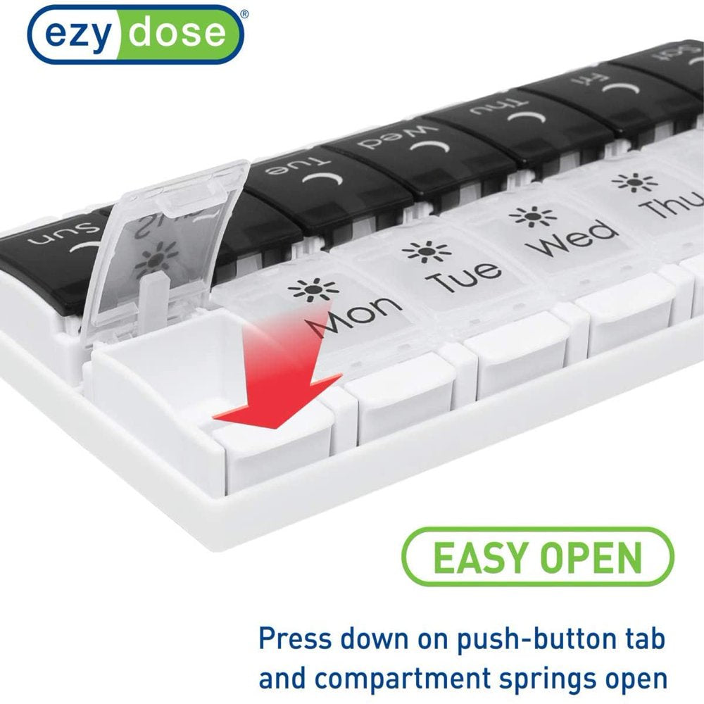 Ezy Dose Push Button Weekly ( 7-Day) Pill Organizer, AM/PM Pill Planner, Black and White