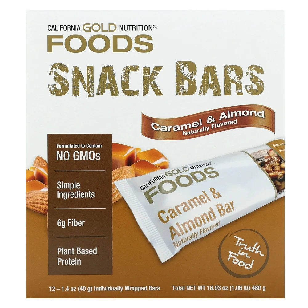 California Gold Nutrition FOODS - Caramel Almond Bars, 12 Bars, 1.4 Oz (40 G) Each