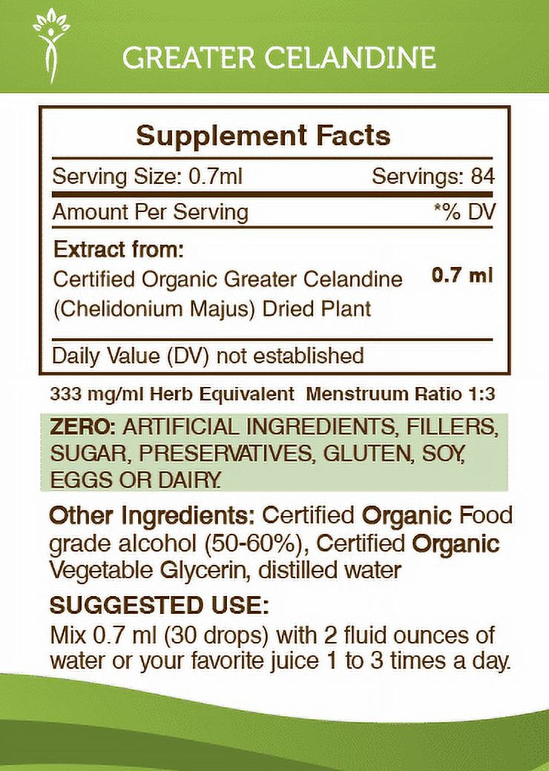 Greater Celandine Tincture Alcohol Extract, Organic Celandine Bai Qu Cai, Chelidonium Majus Liver and Kidney Health 2 Oz