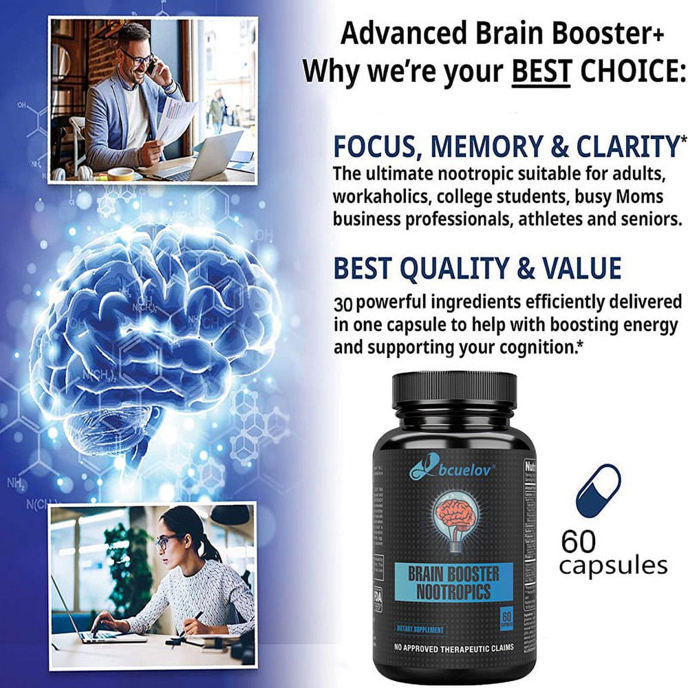 Super Nootropic Brain Booster Supplement - Enhance Focus, Boost Concentration & Improve Memory | Mind Enhancement with Ginkgo Biloba & St Johns Wort for Neuro Energy & IQ