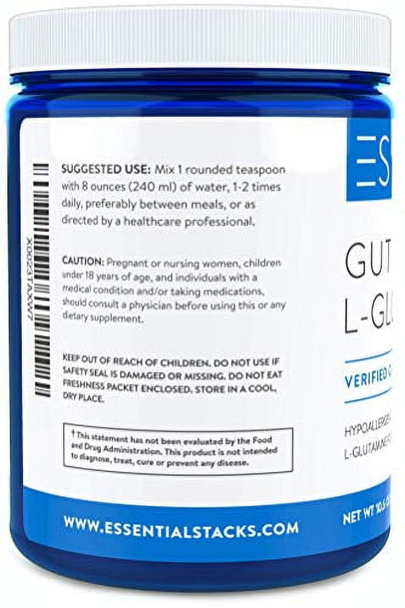 Essential Stacks Gut L-Glutamine Powder - Gluten, Dairy & Soy Free, Vegan, Non-Gmo & Hypoallergenic with 3Rd Party Verified Allergen Testing - Pure Unflavored L Glutamine for Optimal Gut Health