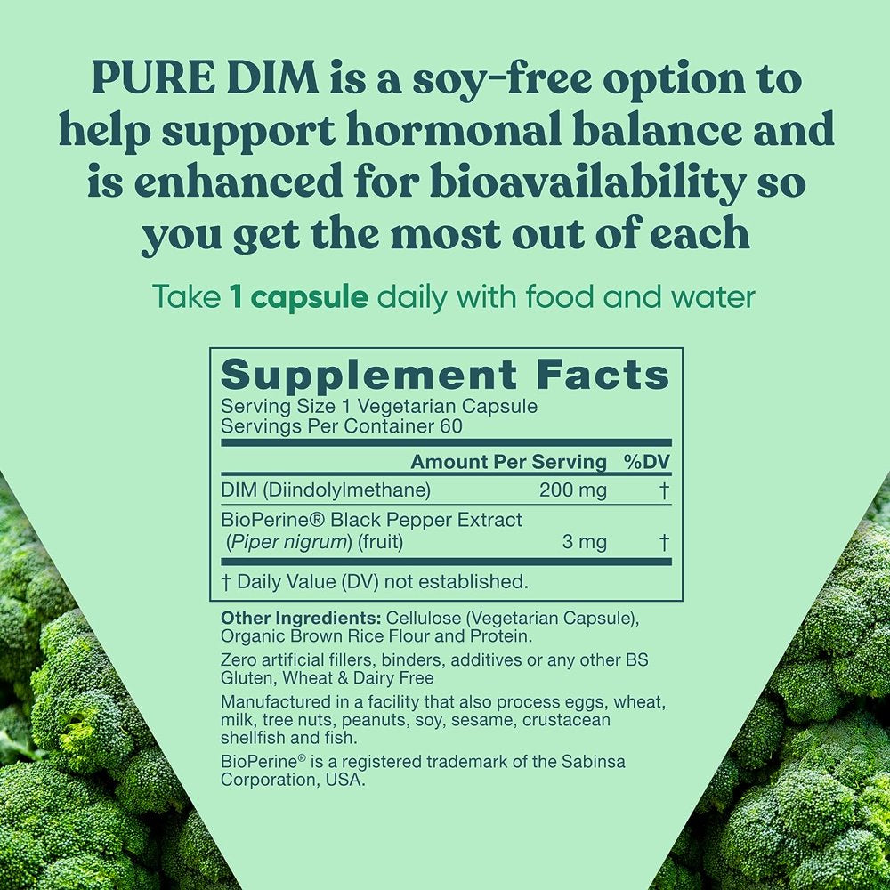 DIM Supplement Pure 200 Mg – Energy Fatigue and Stress Relief, Estrogen Balance, Menopause & Hot Flashes, Hormonal Support for Women – Enhanced Bioavailability Bioperine – 60 Vegan Soft Capsules