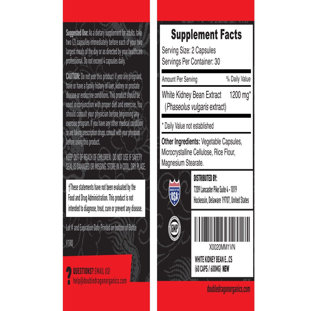 Carb Blocker Pills, White Kidney Bean Extract 100% Pure, Keto Carb Blocker Double Dragon Organics, 2 Bottles (120 Capsules Total), 600Mg