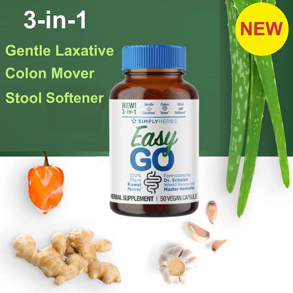 Dr. Schulze'S Easy GO Bowel Mover - Formulated Gentle Laxative, Colon Toner & Stool Softener | 100% Plant Natural Bowel Cleanse - Promotes Regular & Complete Bowel Movements - 50 Count Vegan