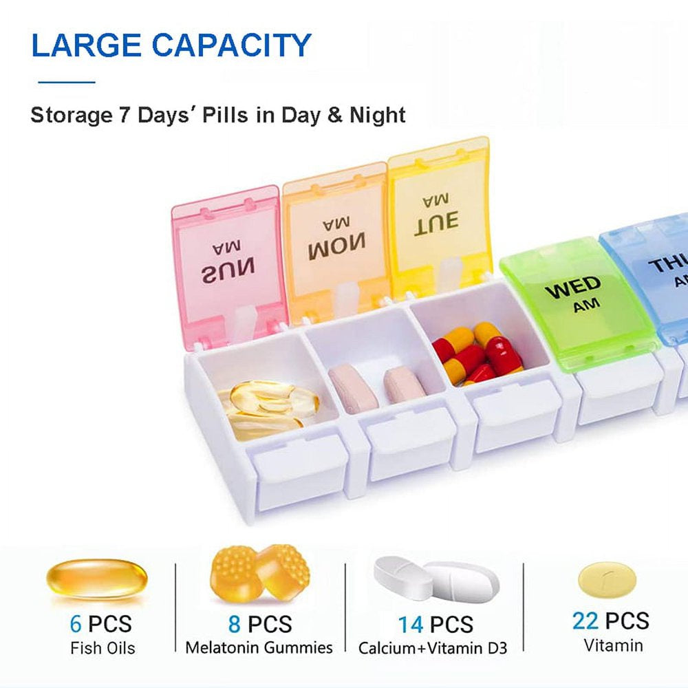 AM/PM Weekly 7 Day Pill Organizer Large Daily Pill Cases Box with Easy Push Button Design for Pills Vitamin Fish Oil Supplements Organizers,Colorful