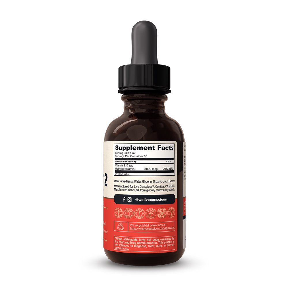 Live Conscious Vegan B12 Sublingual Drops, 5000 Mcg, 60 Servings