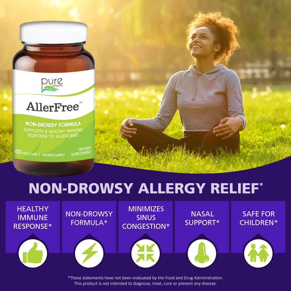 Allerfree Natural Allergy Supplement - Non Drowsy Pills for Sinus and Nasal Health Support, Seasonal Allergies by Pure Essence - 60 Capsules