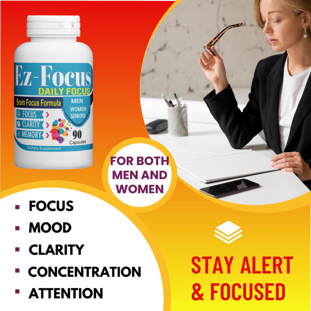 Ez-Focus Daily Focus Brain Booster Supplements for Adults, Men, Women & Seniors- Memory Supplement for Brain Focus & Clarity, Brain Vitamins Elevate Brain Function - 90 Brain Health Capsules